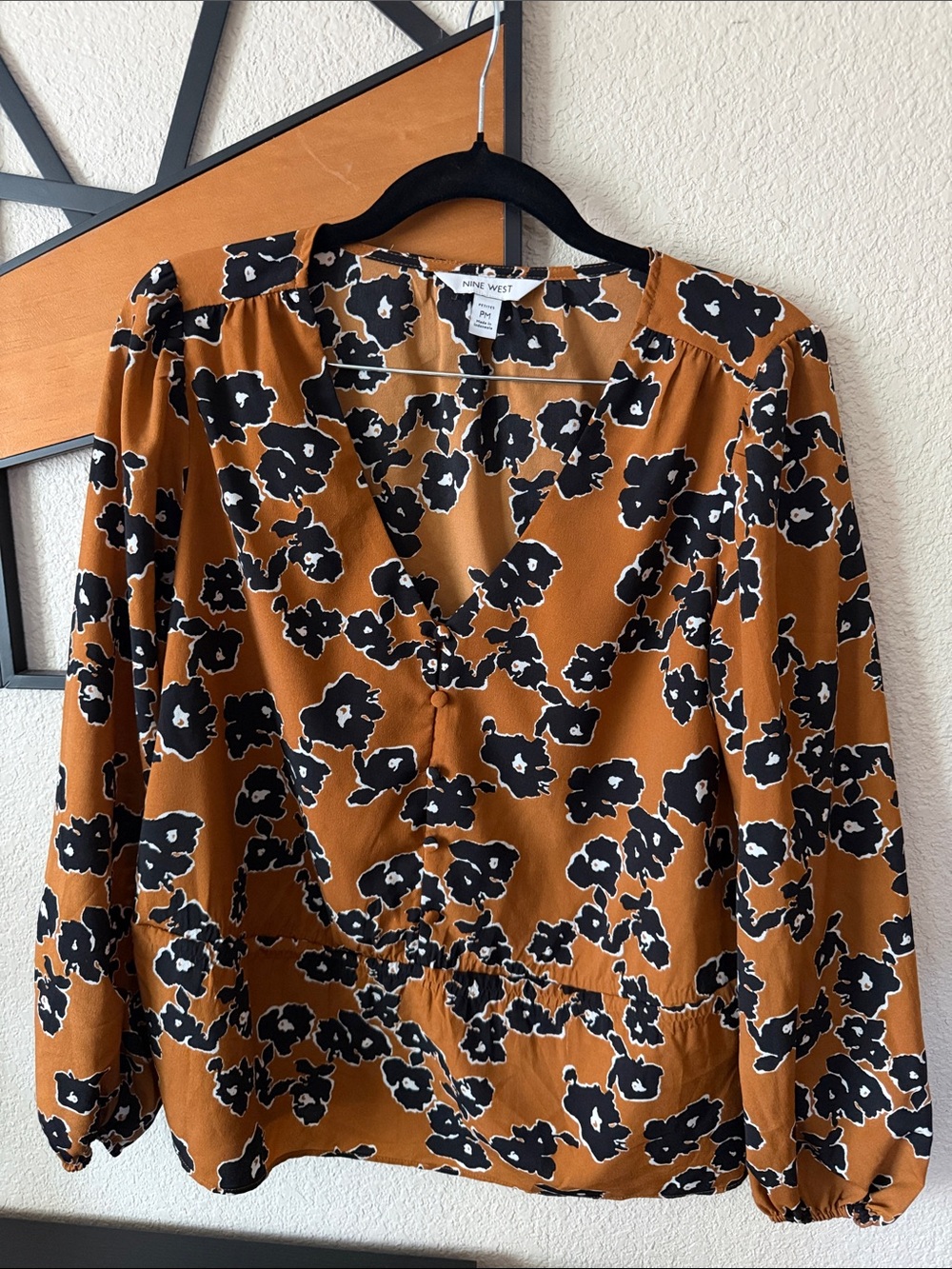 Nine West Rust Brown Floral Long-Sleeve V-Neck Dress